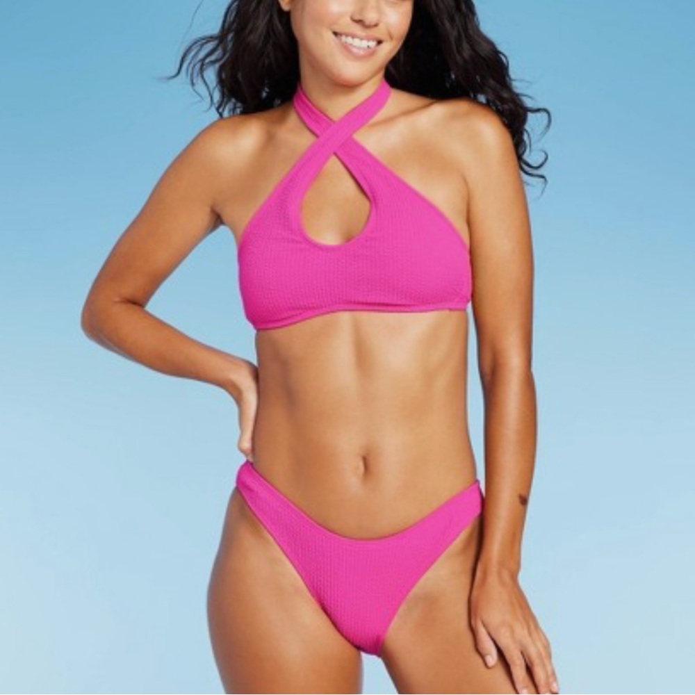 Wild Fable Pink Rib Bikini Keyhole Halter Cheeky Low Rise Women Small NEW